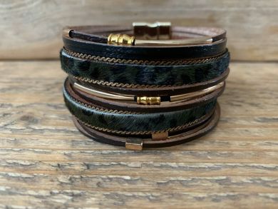 Brede leren armband Green leopard