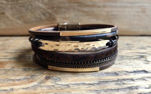 Multilayer leren armband leopard/gold Brown